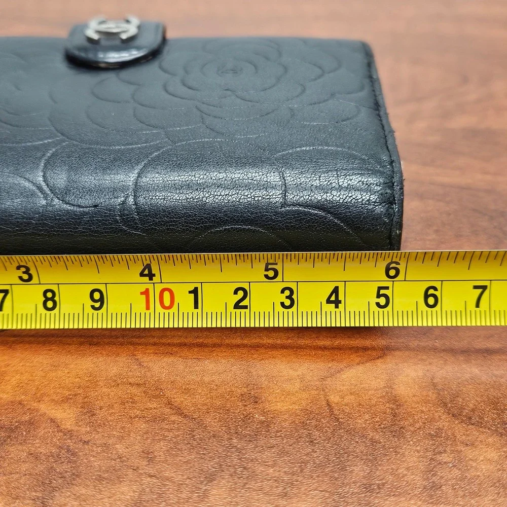 CHANEL Camellia Embossed Lambskin Organizer Wallet Black‎ Silver CC 16 Series